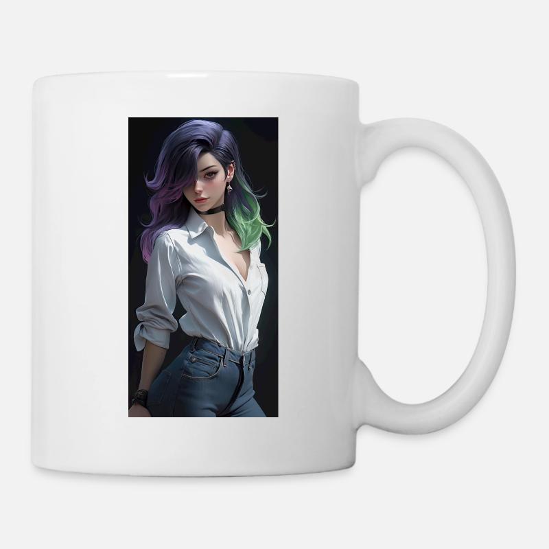 Ätherische Eleganz: Schöne Anime-Frau mit - Tasse - Weiß