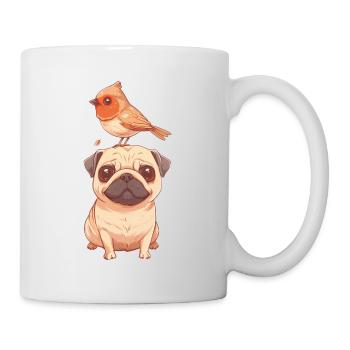 Mops mit Vogel - Tasse - Weiß - Rechts