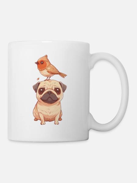 Mops mit Vogel - Tasse - Weiß