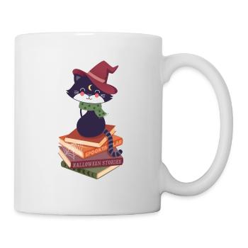 black cat on Halloween book pile - Mug - white - Right