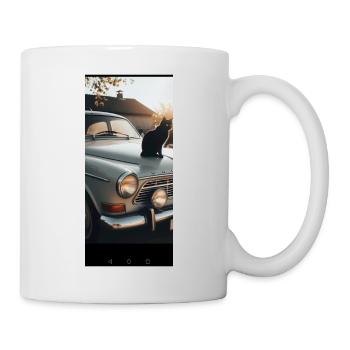 Black cat on vintage car - Mug - white - Right