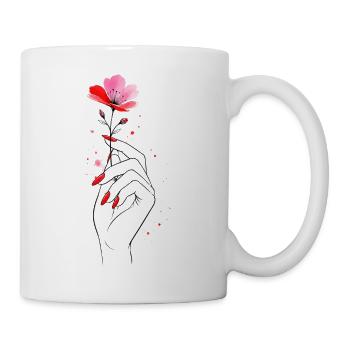Hand with flower and red nails - Mug - white - Right