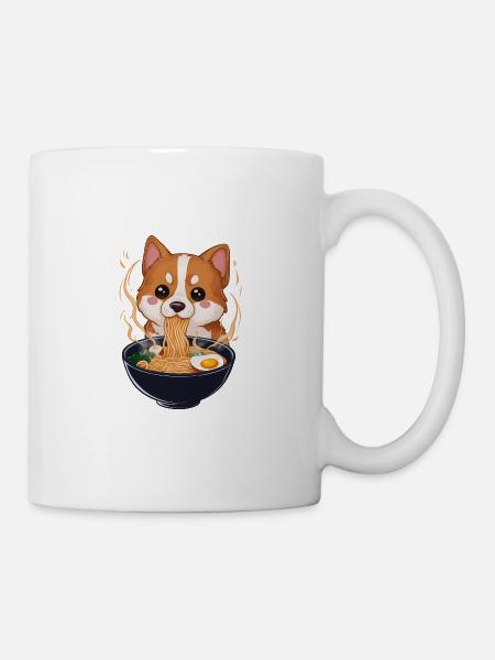 Kawaii Hund isst Ramen - Tasse - Weiß