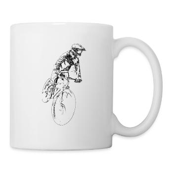 Mountain biker driving downhill - Mug - white - Right