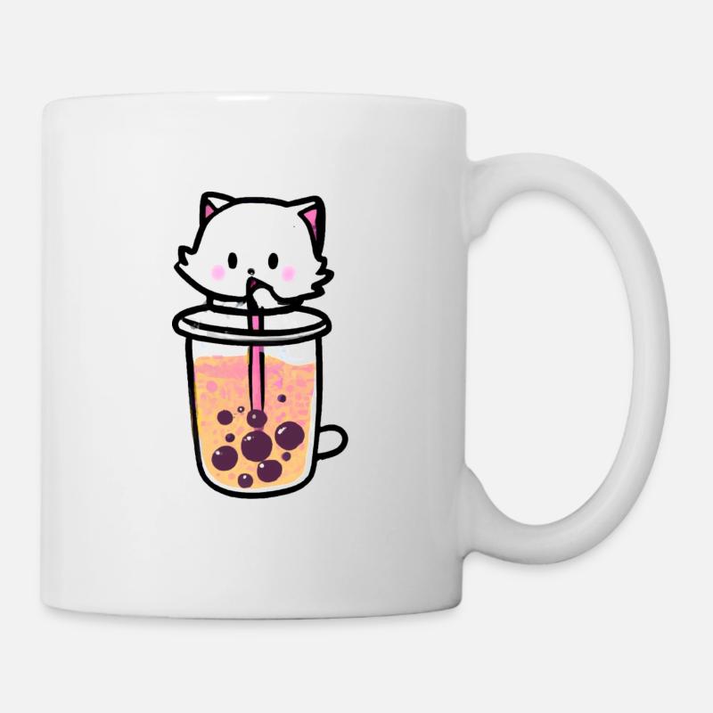 chat mignon kawaii buvant du bubble tea anime - Mug blanc - blanc