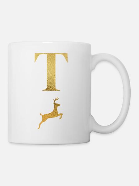 Buchstabe t goldener Hirsch - Geschenkidee - Tasse - Weiß