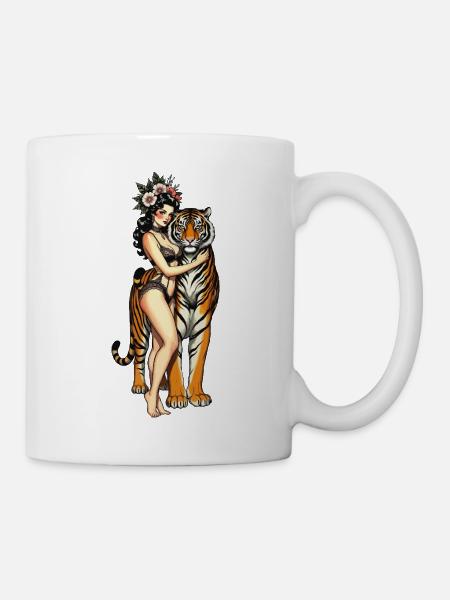 Pin-up-Mädchen mit Tiger - Tasse - Weiß