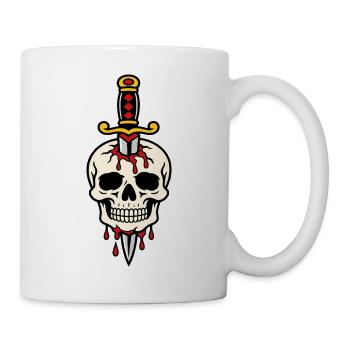 Skull pierced by tattoo style dagger - Mug - white - Right