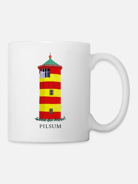 Leuchtturm Pilsum, handgezeichnet - Tasse - Weiß