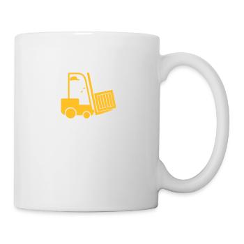 Ein Gabelstapler, der eine Schachtel transportiert - Tasse - Weiß - Rechts