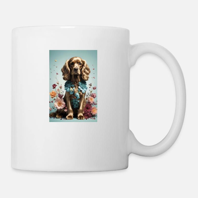 Brauner Cocker Spaniel mit Blumen - Tasse - Weiß