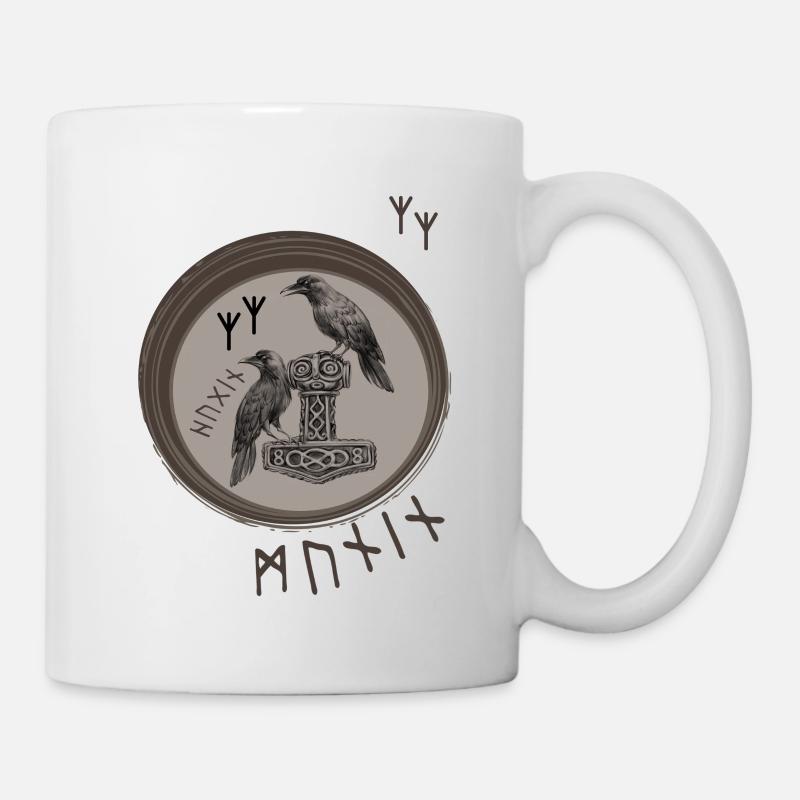 Thor Hammer Mjölnir mit Odin Raben Hugin und Munin - Tasse - Weiß