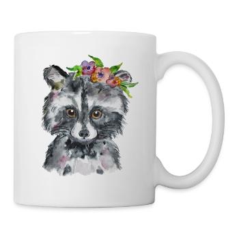 Waschbär Aquarell Design Blumenkranz - Tasse - Weiß - Rechts