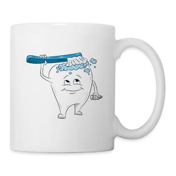 Zahn putzt sich, Zahnreinigung, Zähne putzen, Zahn - Tasse - Weiß - Rechts
