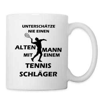 Alter Mann beim Tennis spielen Geschenk Shirt - Tasse - Weiß - Rechts