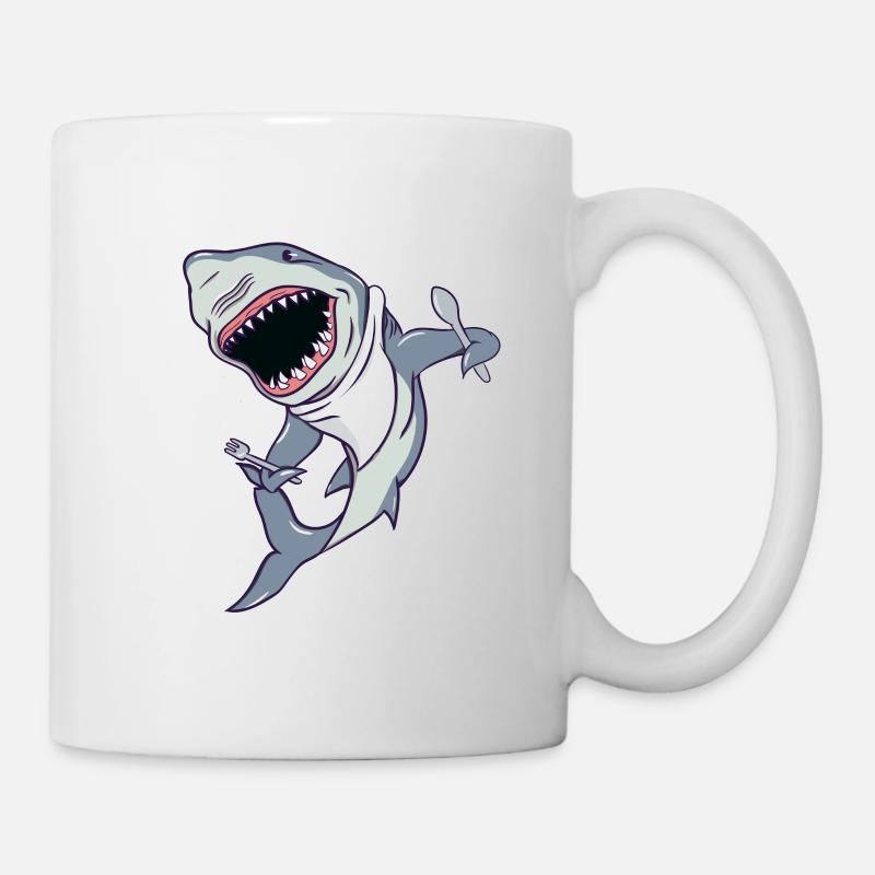 big white shark with knife, fork and apron - Mug - white