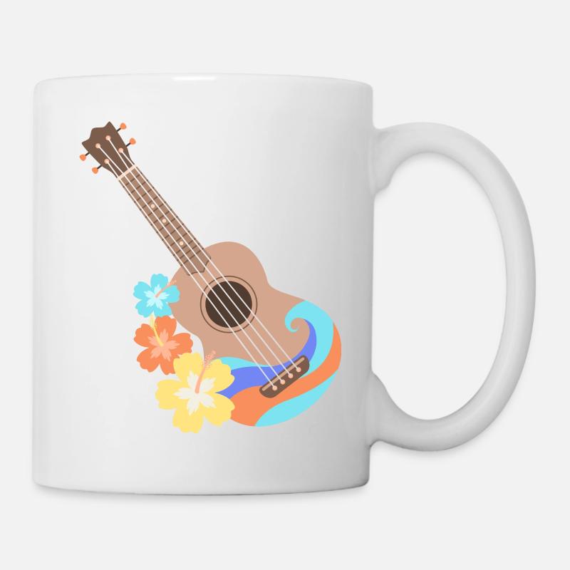 Brown wave pattern ukulele with Hibiscus flowers - Mug - white