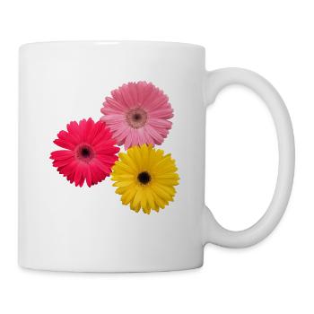 bunte blühende Gerbera Blumen, Gerberas, Blüten, - Tasse - Weiß - Rechts
