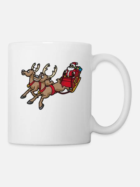 Weihnachtsmann mit Rentier und Schlitten - Tasse - Weiß