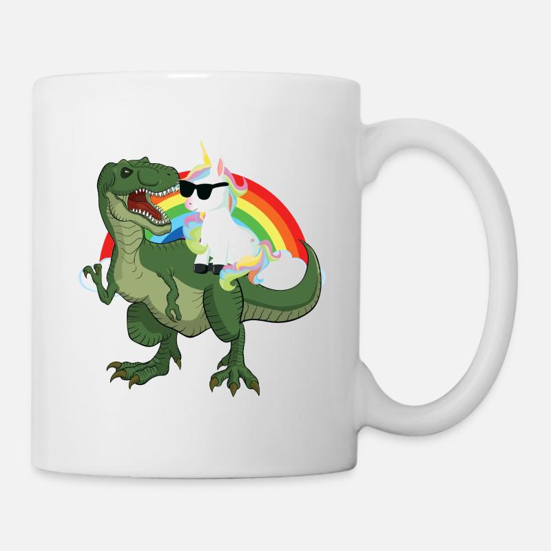 Einhorn reitet auf Dinosaurier Regenbogen - Tasse - Weiß