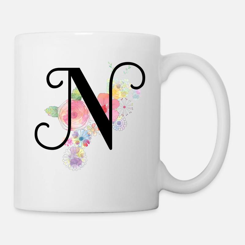 Monogramme Lettre N avec fleurs pastel - Mug blanc - blanc