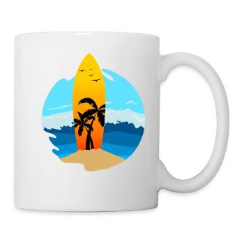 Une planche de surf avec des palmiers coincés dans le sable - Mug blanc - blanc - Droite