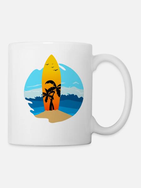 Une planche de surf avec des palmiers coincés dans le sable - Mug blanc - blanc