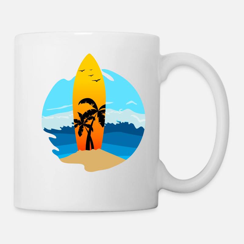 Une planche de surf avec des palmiers coincés dans le sable - Mug blanc - blanc