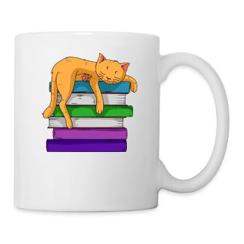 Katze Auf Einem Stapel Bücher - Katze Lesen - Tasse - Weiß - Rechts