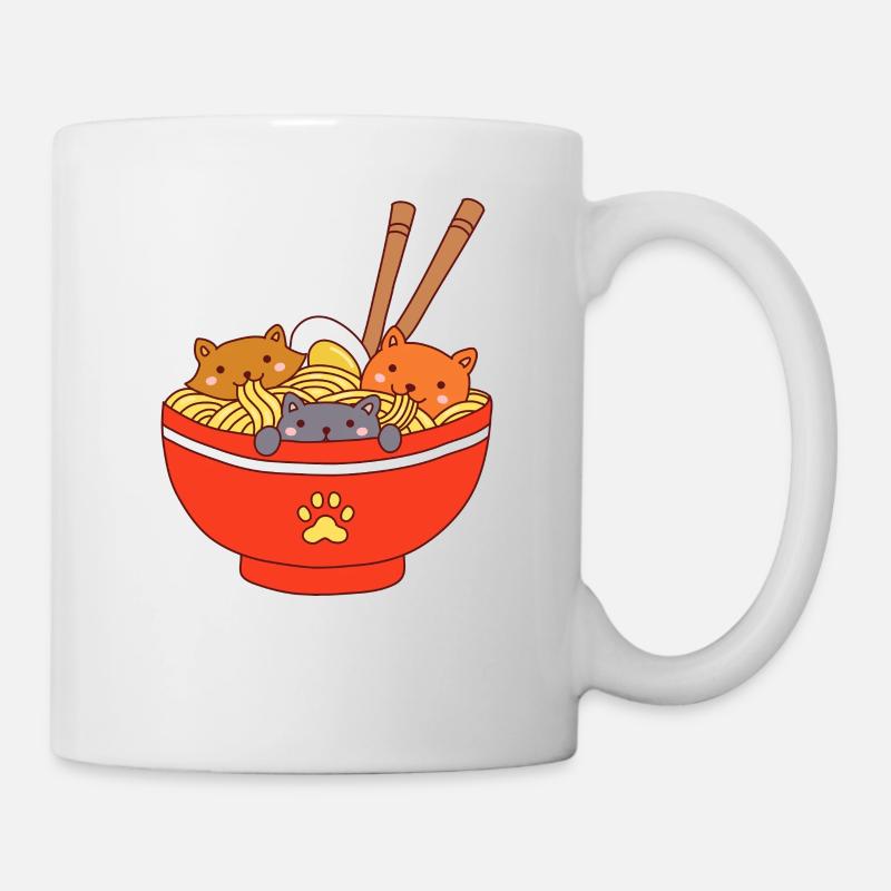 Three cute cats eat japanese ramen noodle - Mug - white