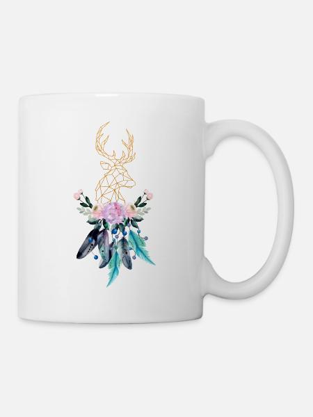 Cerf doré avec plumes fleurs cadeau femme - Mug blanc - blanc