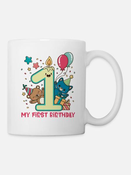 Anniversaire bébé - 1er anniversaire ours et chat - Mug blanc - blanc