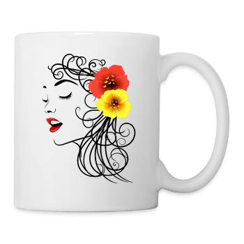 Femme aux fleurs d’hibiscus rouge et jaune - Mug blanc - blanc - Droite