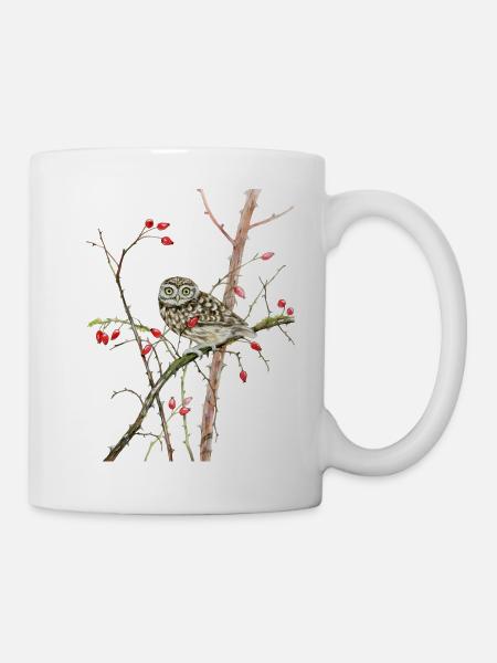 Liebevoll handgemalt Steinkauz auf Zweig - Tasse - Weiß