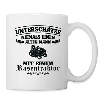 Unterschätze niemals Mann mit Rasentraktor - Tasse - Weiß - Rechts