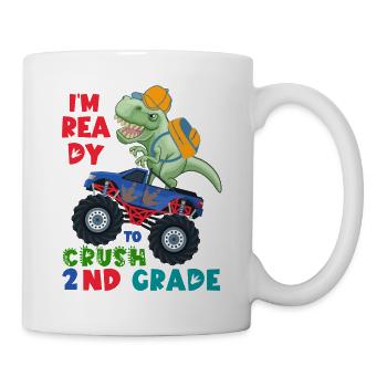 Bereit, den Dinosaurier-Monstertruck der 2. Klasse zu zerschmettern - Tasse - Weiß - Rechts
