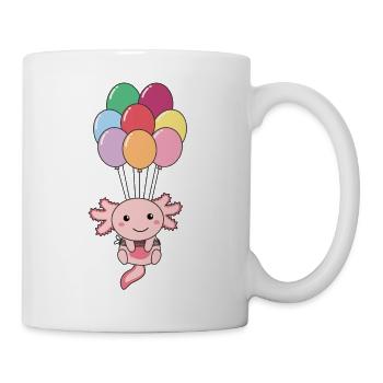 Axolotl flies upwards with colorful balloons - Mug - white - Right