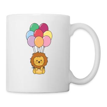 Lion flies upwards with colorful balloons - Mug - white - Right