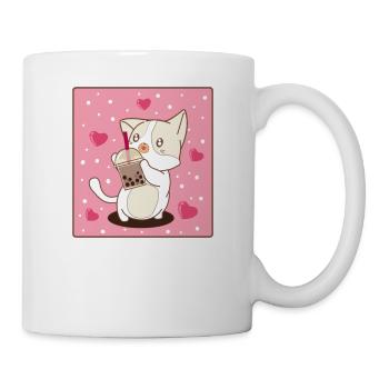 Kawaii Cat Drinking Bubble Tea Cute Anime Cat Love - Mug - white - Right