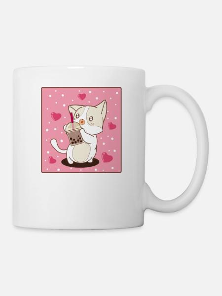 Kawaii Cat Drinking Bubble Tea Cute Anime Cat Love - Mug - white