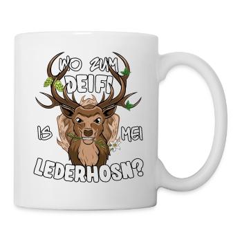 Wo zum Deifi is mei Lederhosn Ersatz Tracht - Tasse - Weiß - Rechts