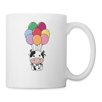 Cow flies upwards with colorful balloons - Mug - white - Right