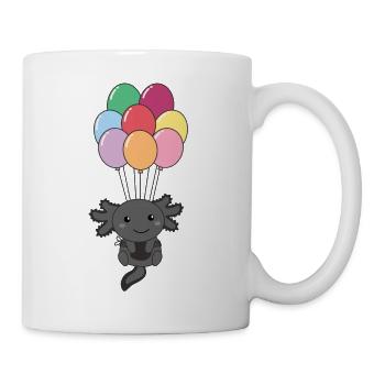 Axolotl flies upwards with colorful balloons - Mug - white - Right