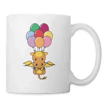 Dragon flies upwards with colorful balloons - Mug - white - Right