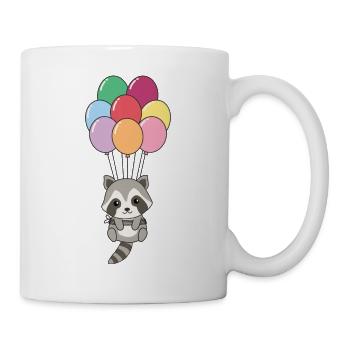 Raccoon flies upwards with colorful balloons - Mug - white - Right