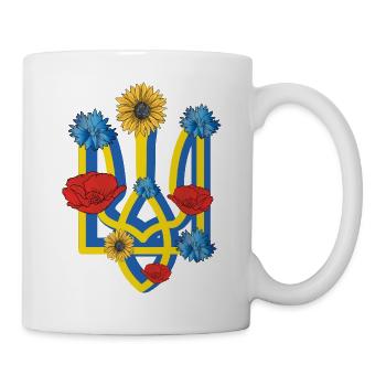 Ukraine Wappen Kornblumen Sonnenblumen Mohnblumen - Tasse - Weiß - Rechts
