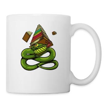 Cartoon Schlange mit Bücherstapel - Bücherwurm - Tasse - Weiß - Rechts