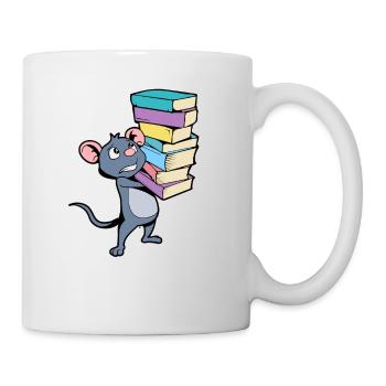 Cartoon Maus mit Bücherstapel - Leseratte - Tasse - Weiß - Rechts