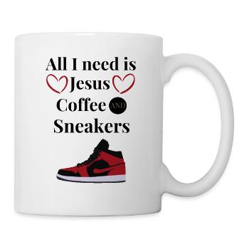 Ich brauche nur Jesus, Trainer und Parfüm - Tasse - Weiß - Rechts