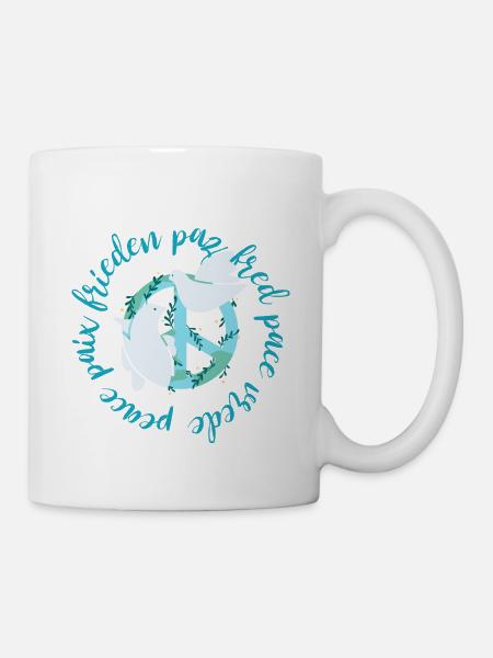 Mehrsprachiges Erdfriedenszeichen mit Tauben - Tasse - Weiß
